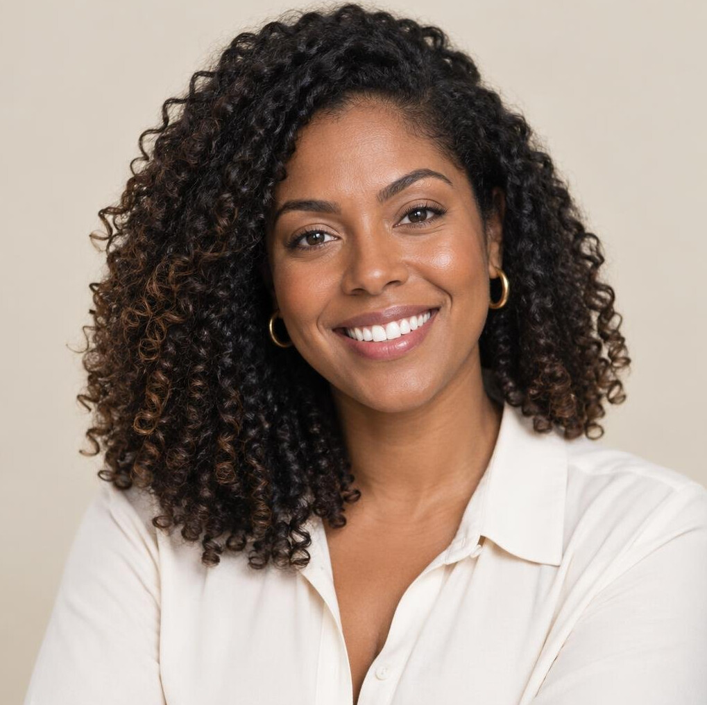 Studio portrait of a smiling Brazilian woman in her thirties