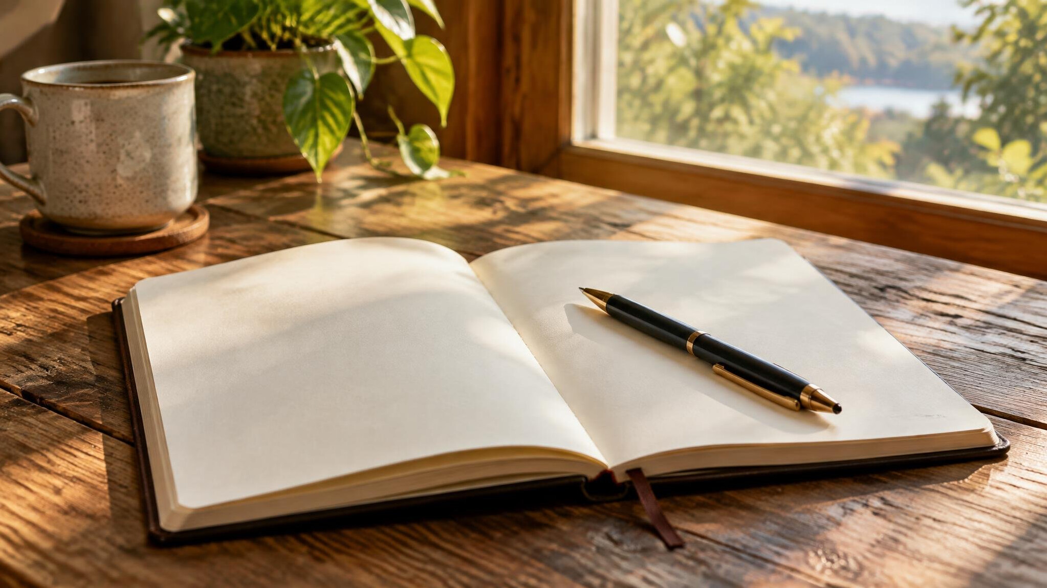 Open notebook with a pen on a wooden table near a window