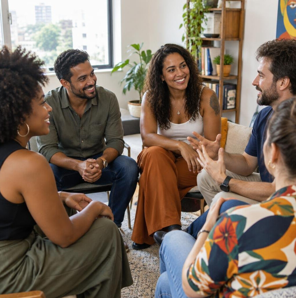 Diverse Brazilian people in a bright room having an open conversation in a circle